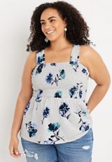 Plus Size Floral Smocked Peplum Tank Top, HEATHER GRAY COMBO, small