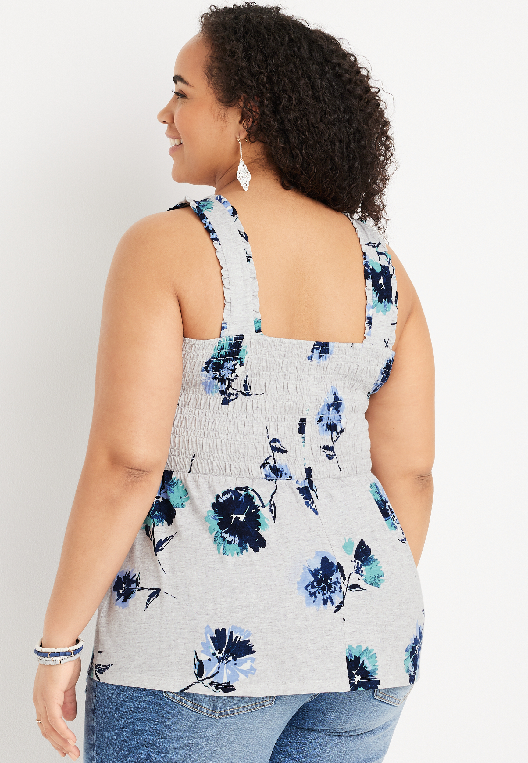 Plus Size Floral Smocked Peplum Tank Top, HEATHER GRAY COMBO, large