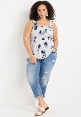 Plus Size Floral Smocked Peplum Tank Top, HEATHER GRAY COMBO, small