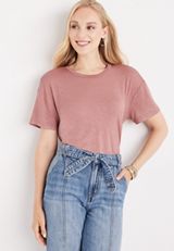 24/7 Flawless Solid Crew Neck Boyfriend Crop Tee, RATTAN TAUPE, small