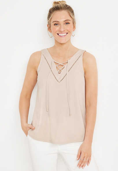 Solid Lace Up Double V Neck Tank Top