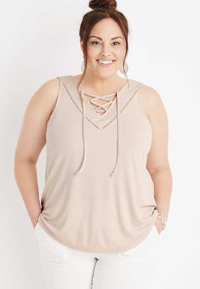 Plus Size Solid Lace Up Double V Neck Tank Top