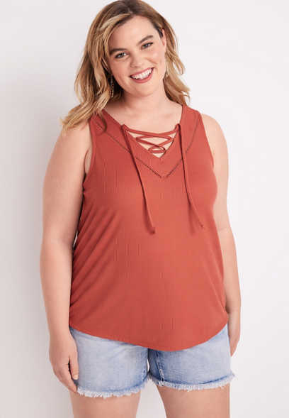 Plus Size Solid Lace Up Double V Neck Tank Top