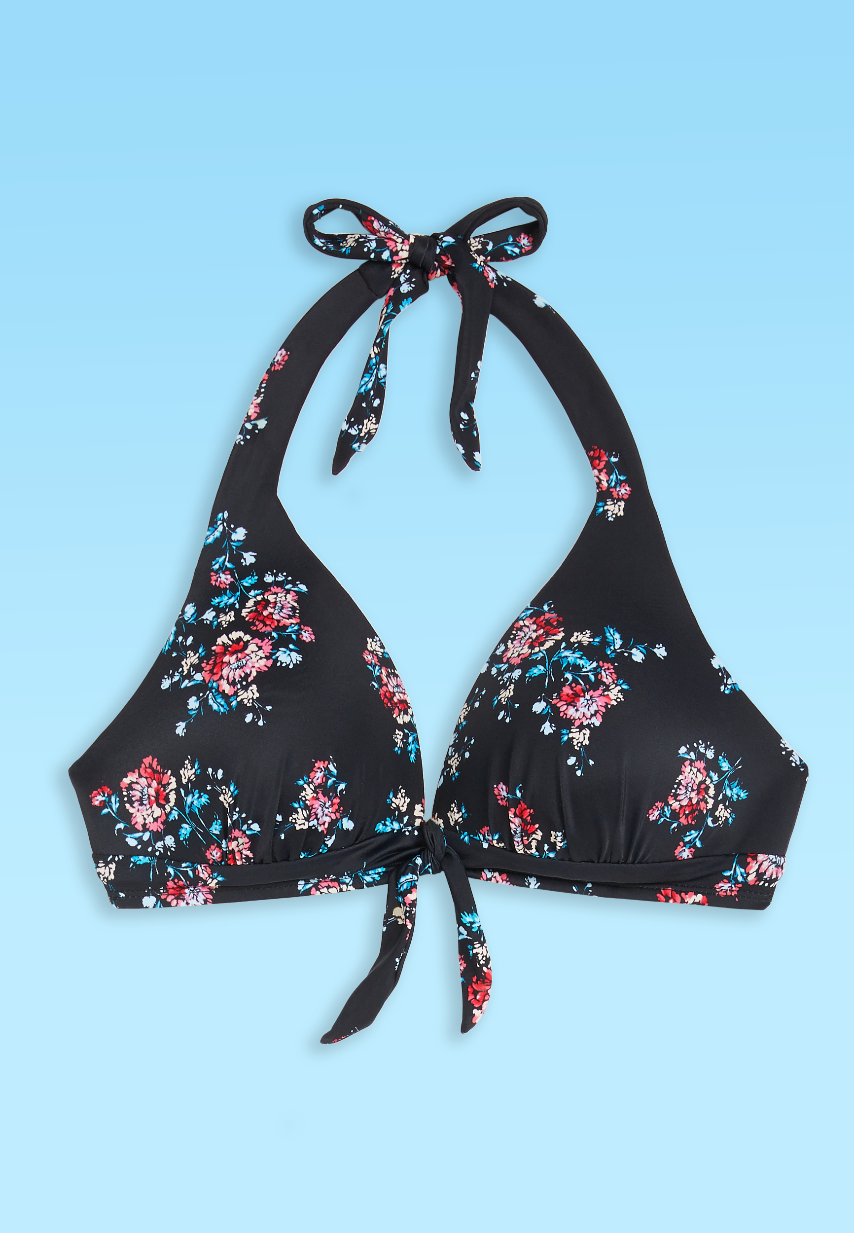 Faux Tie Front Halter Strap Bikini Swim Top, BLACK COMBO, large