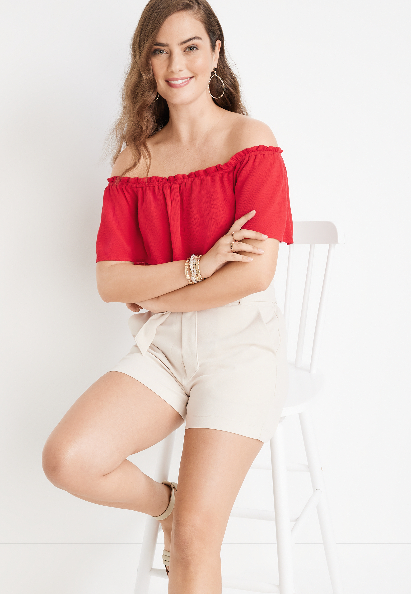 Solid Short Sleeve Off The Shoulder Top, C5976, large