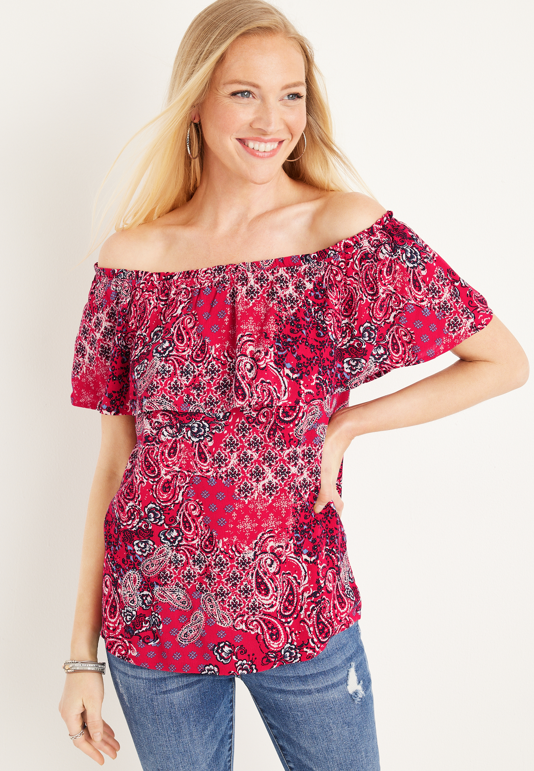 Paisley Ruffle Off The Shoulder Top | maurices