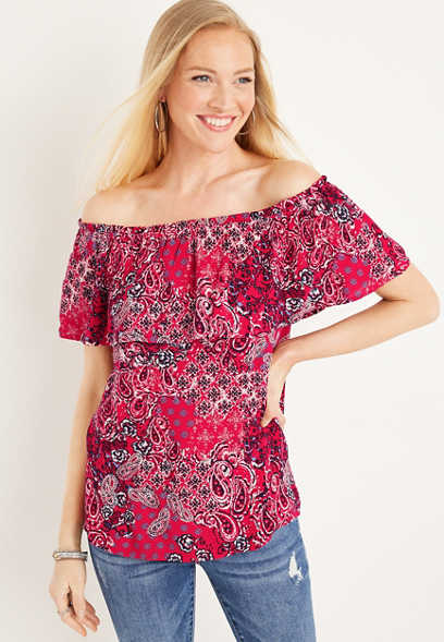 Paisley Ruffle Off The Shoulder Top