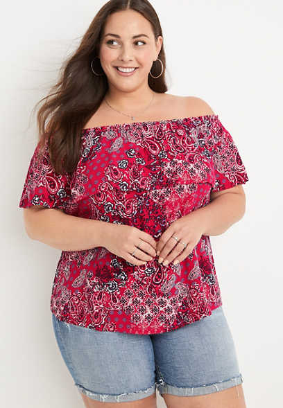 Plus Size Paisley Ruffle Off The Shoulder Top