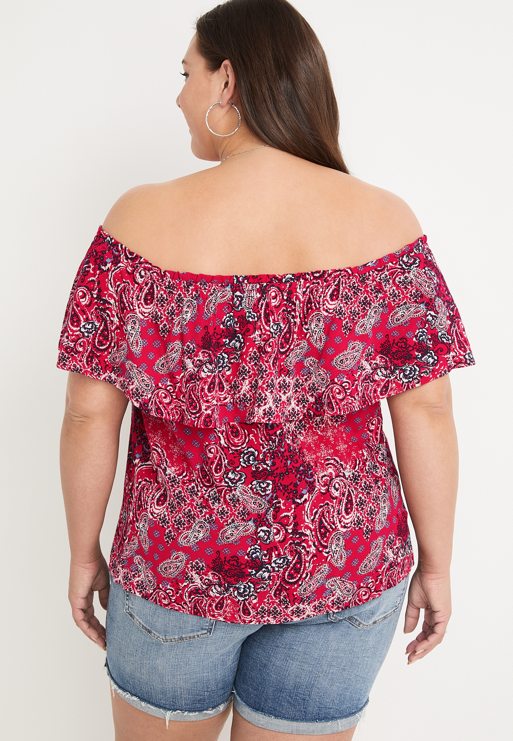 Plus Size Paisley Ruffle Off The Shoulder Top, C6875, large