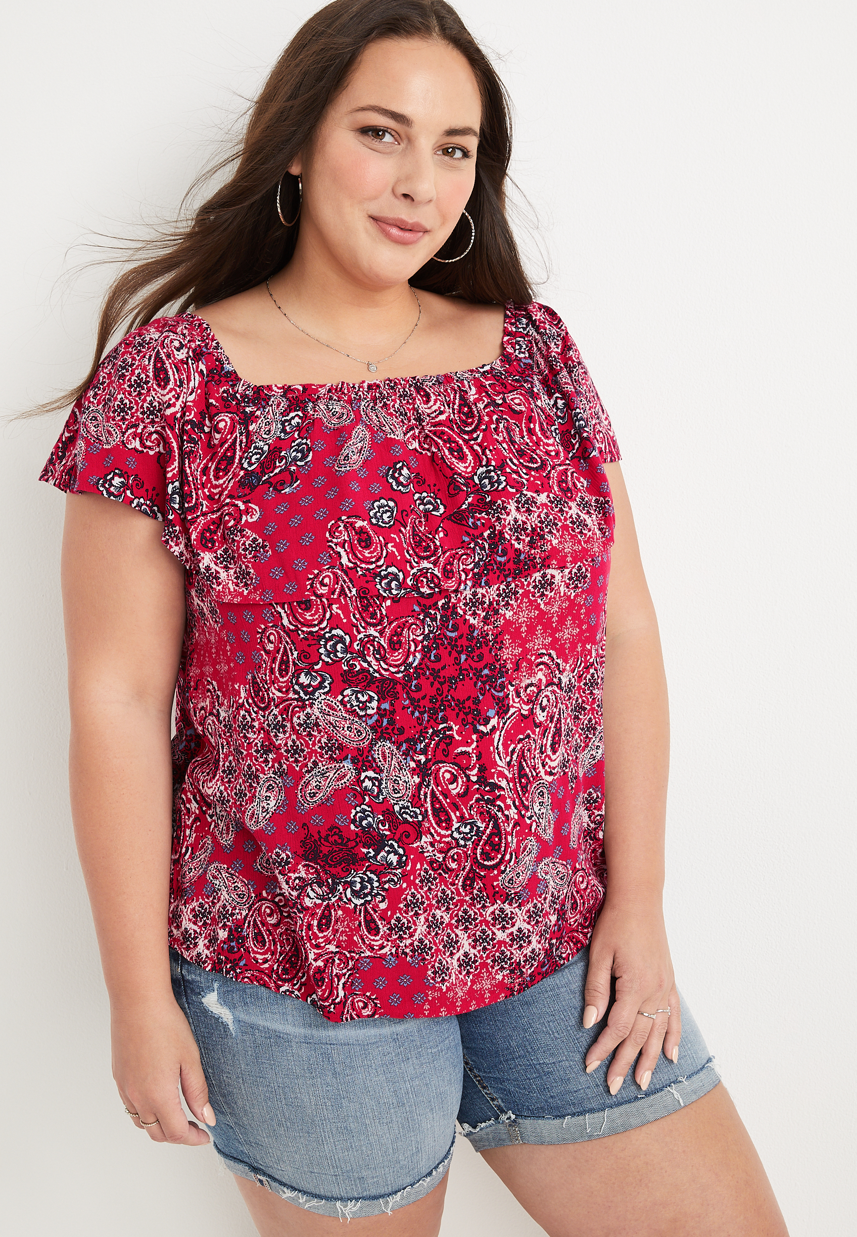 Plus Size Paisley Ruffle Off The Shoulder Top, C6875, large