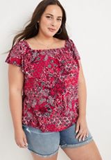 Plus Size Paisley Ruffle Off The Shoulder Top, C6875, small