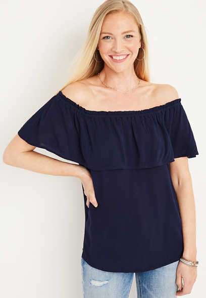 Solid Ruffle Off The Shoulder Top