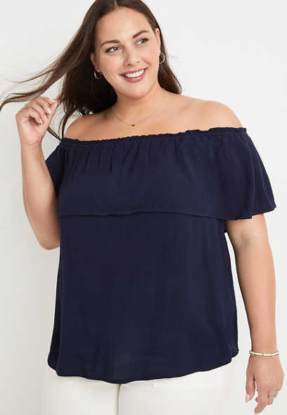 Plus Size Solid Ruffle Off The Shoulder Top