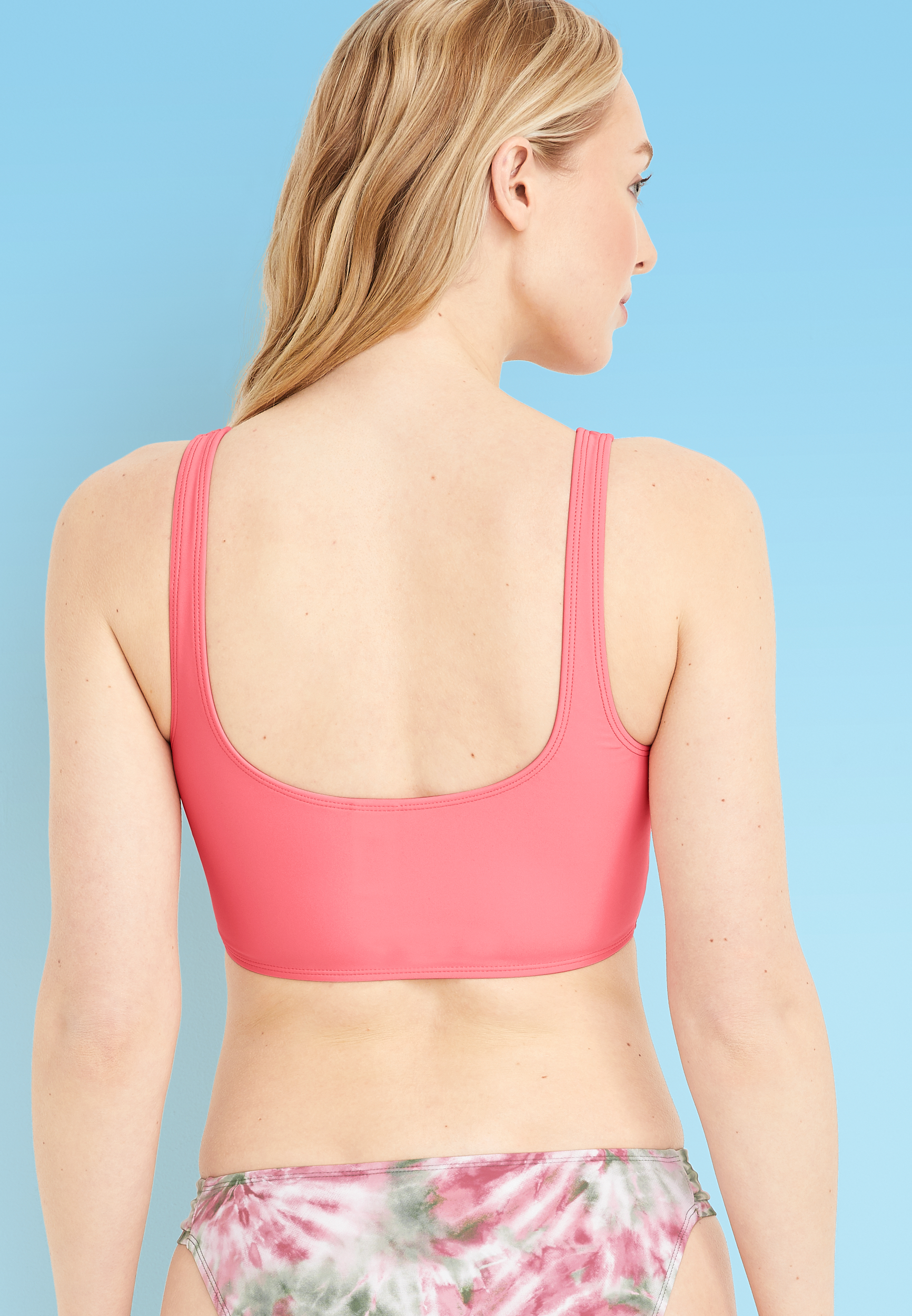 Scoop Neck Longline Bikini Swim Top, CORAL, large