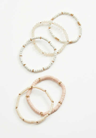 5 Piece White and Pink Beaded Stretch Bracelet Set