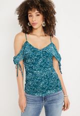 Ruched Floral Cold Shoulder Top, C3557, small