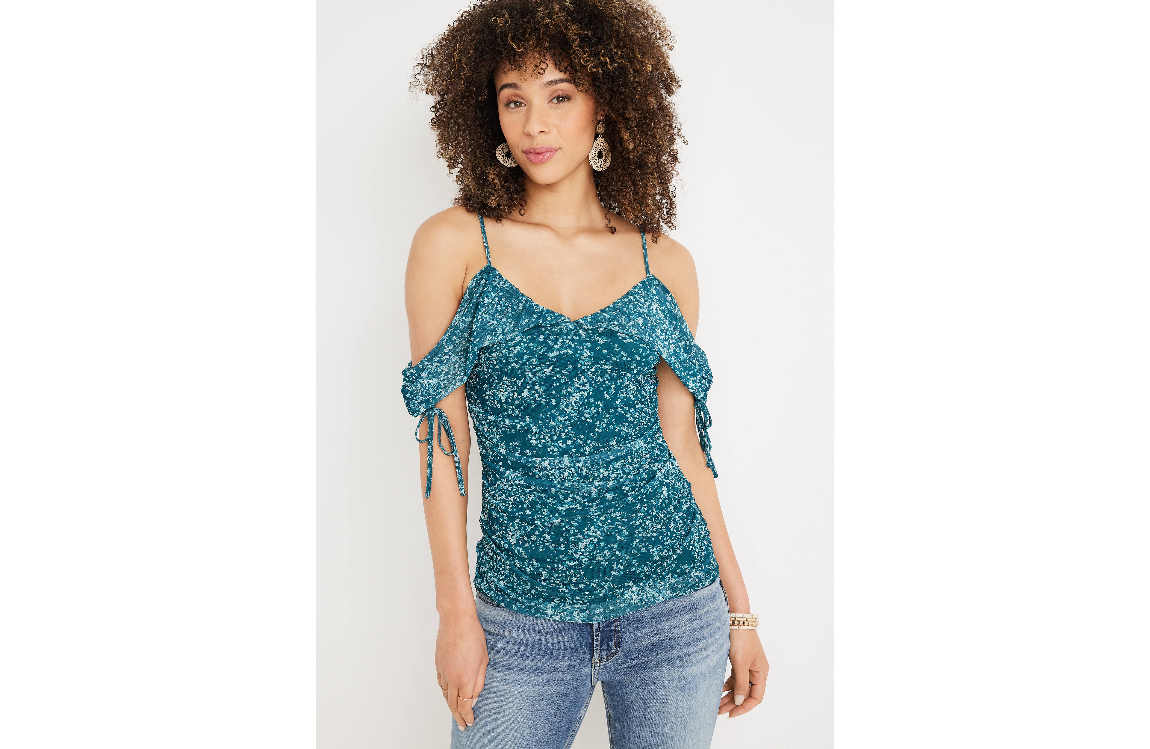 Ruched Floral Cold Shoulder Top