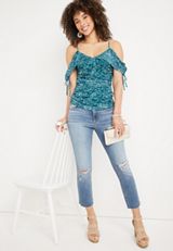 Ruched Floral Cold Shoulder Top, C3557, small