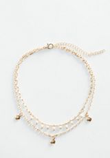 White Beaded Gold Anklet, GOLD, small