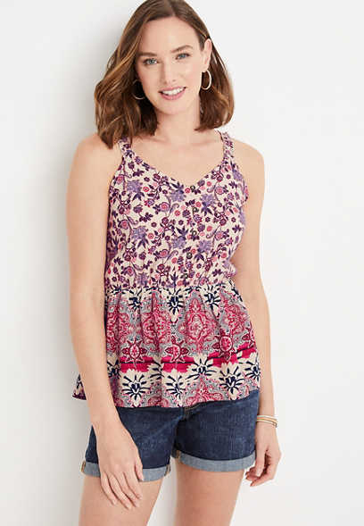 Mixed Print Button Front V Neck Tank Top