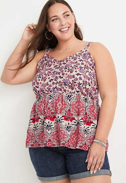 Plus Size Mixed Print Button Front V Neck Tank Top