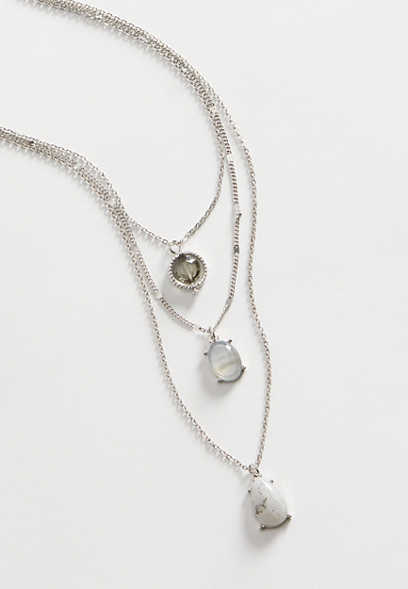 Silver Stone Pendant Layered Necklace