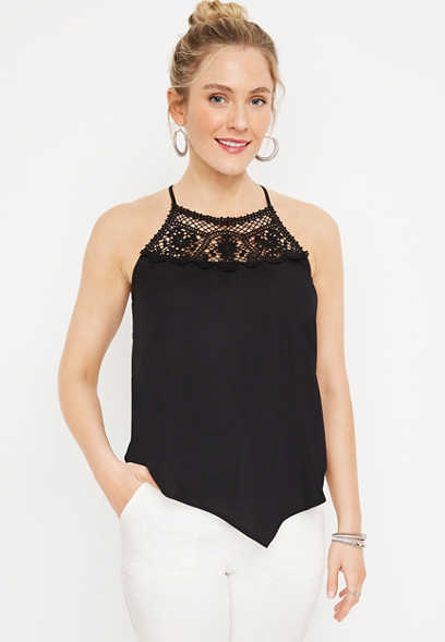 Solid Lace High Neck Racerback Cami Tank