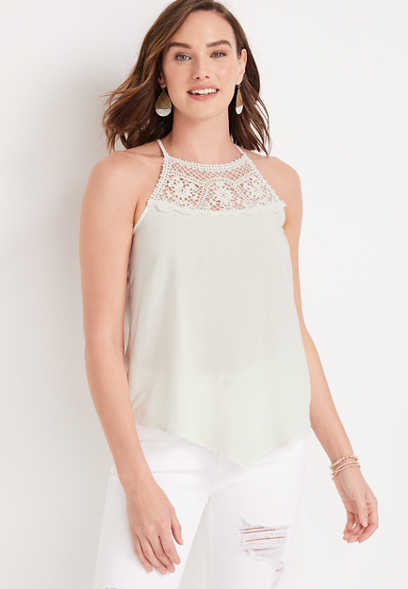Solid Lace High Neck Racerback Cami Tank