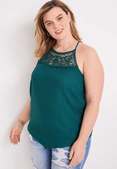 Plus Size Solid Lace High Neck Racerback Cami Tank