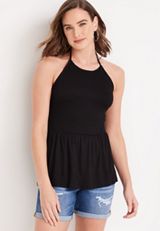 Black Smocked Halter Neck Peplum Tank Top, BLACK, small