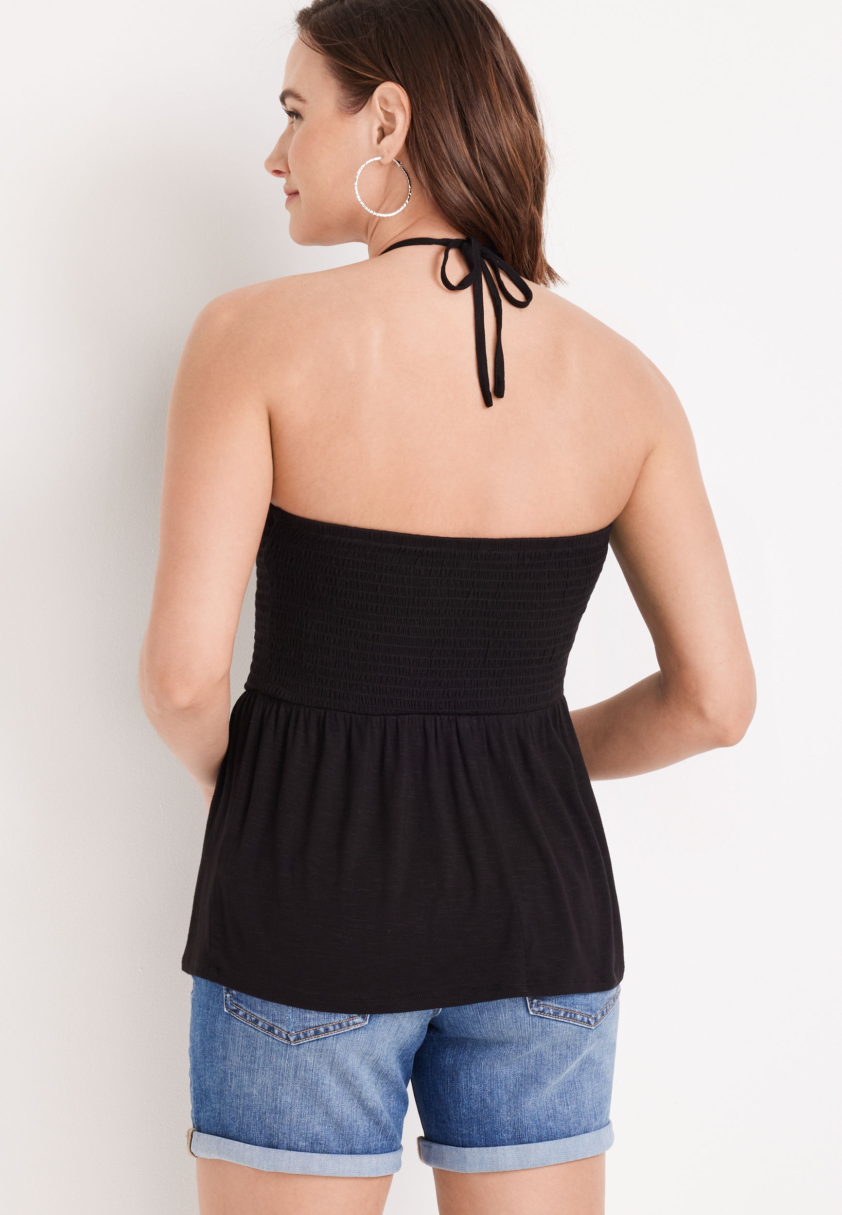 Black Smocked Halter Neck Peplum Tank Top, BLACK, large