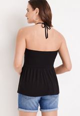 Black Smocked Halter Neck Peplum Tank Top, BLACK, small