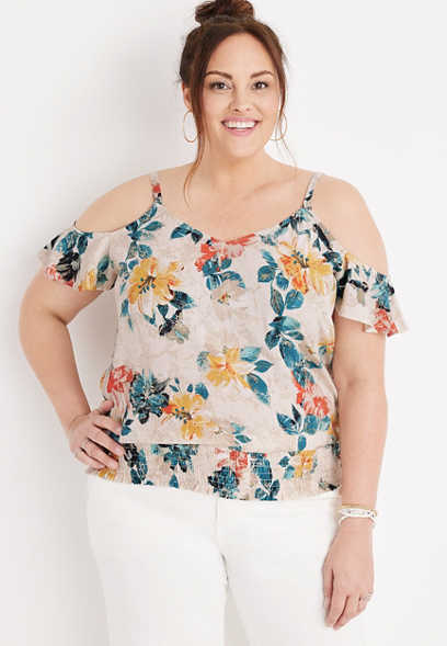 Womens Plus Size White & Yellow Floral Print Frill Cold Shoulder Top