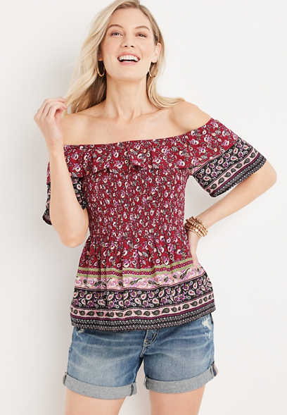 Mixed Print Smocked Off The Shoulder Top