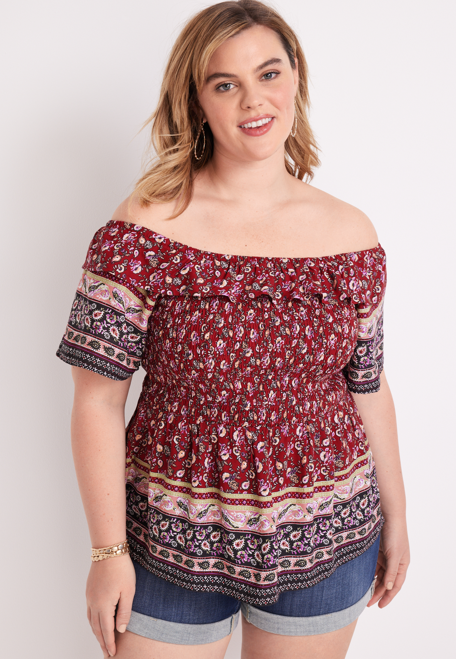 Plus Size Mixed Print Smocked Off The Shoulder Top | maurices