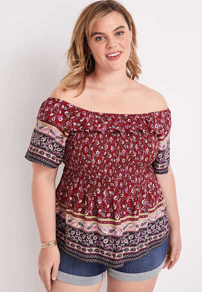 Plus Size Mixed Print Smocked Off The Shoulder Top