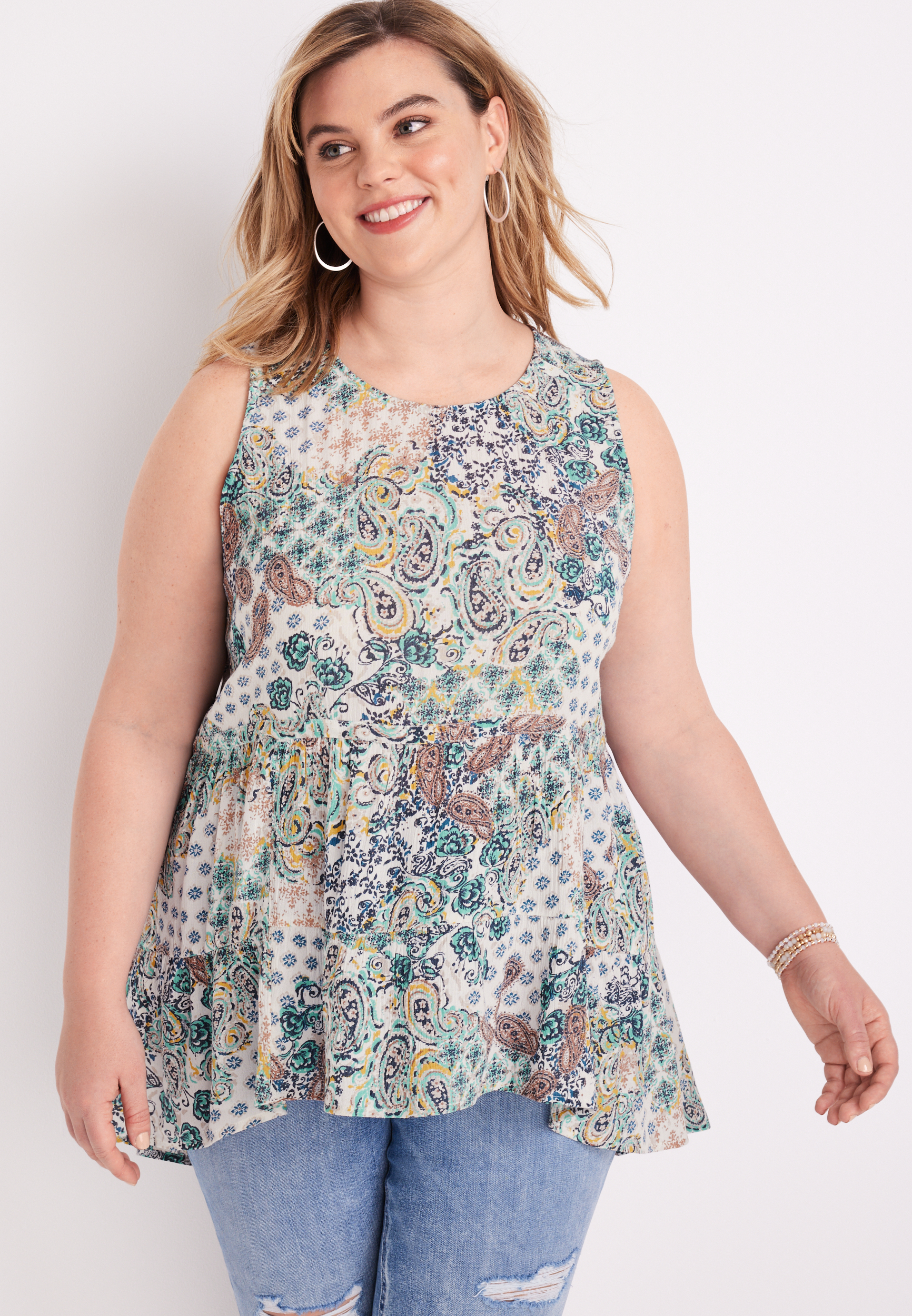 Plus Size Paisley Patchwork High Neck Babydoll Tank Top | maurices