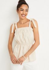 Eyelet Tie Strap Peplum Tank Top, STORMY BLUSH, small