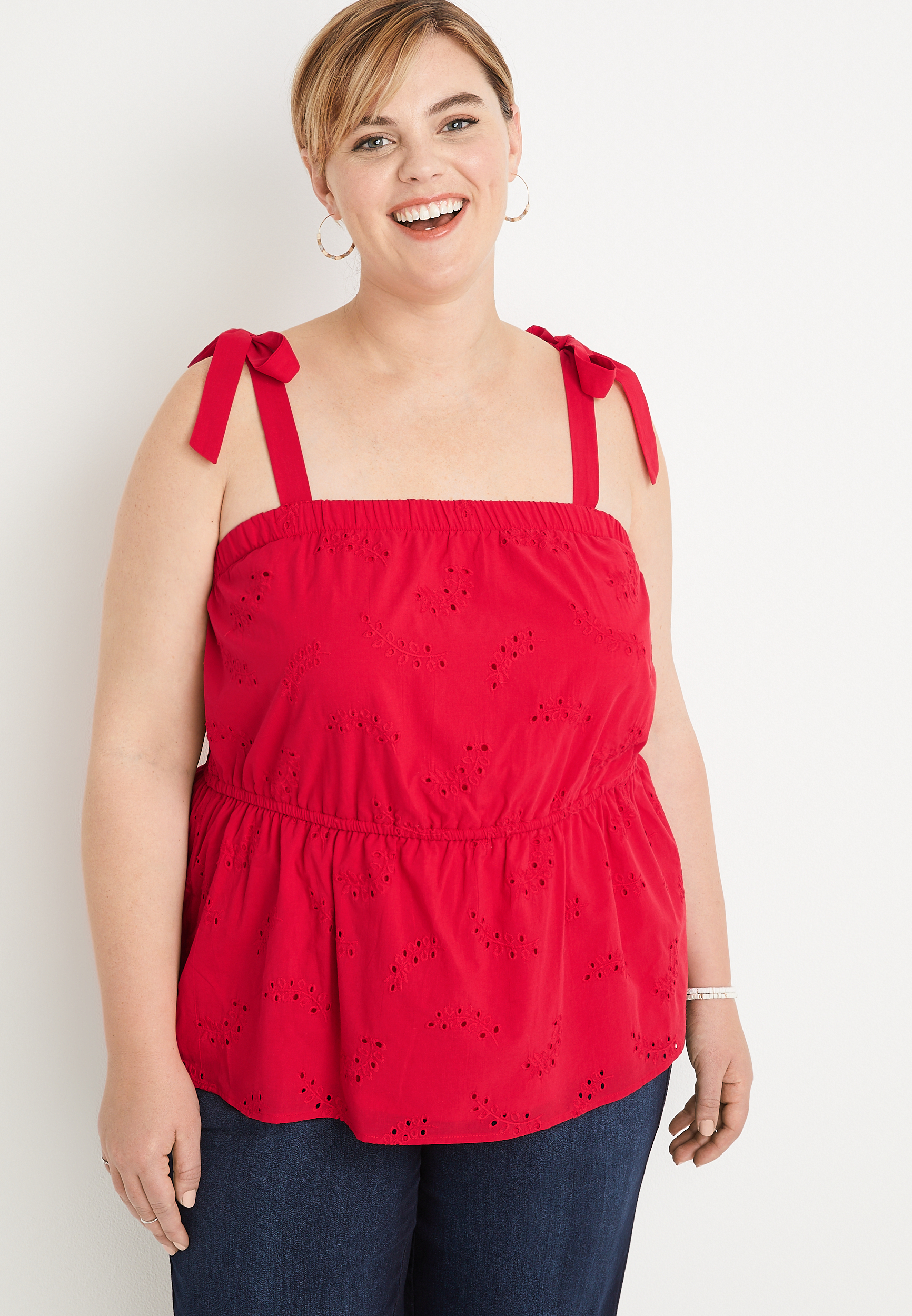 Plus Size Eyelet Tie Strap Peplum Tank Top