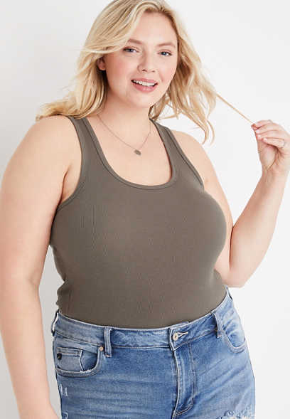 Plus Size Solid Baby Ribbed Scoop Neck Tank