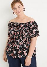 Plus Size Black Floral Smocked Off The Shoulder Top, BLACK COMBO, small