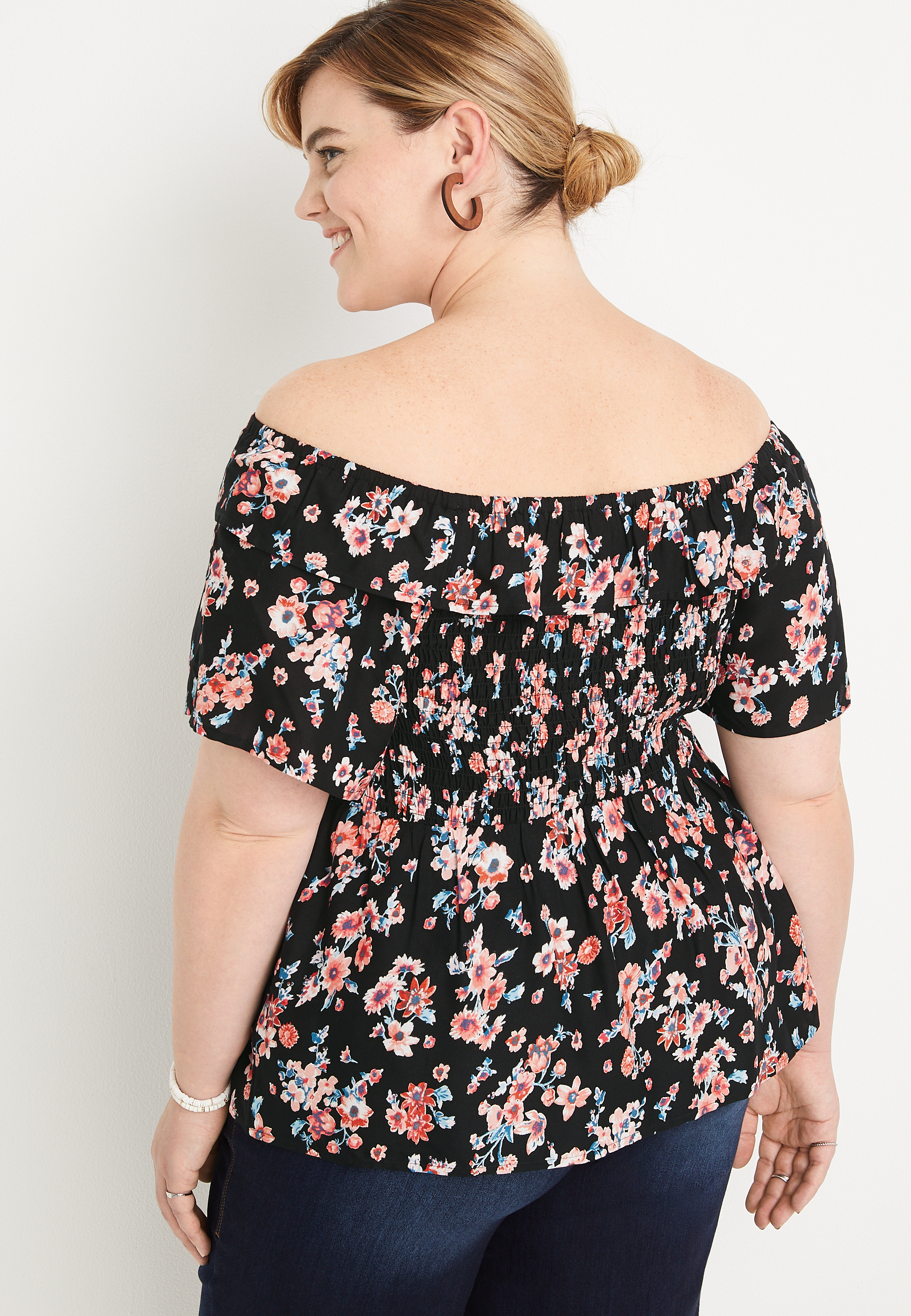 Plus Size Black Floral Smocked Off The Shoulder Top, BLACK COMBO, large