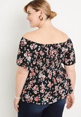 Plus Size Black Floral Smocked Off The Shoulder Top, BLACK COMBO, small