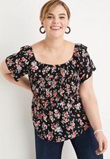 Plus Size Black Floral Smocked Off The Shoulder Top, BLACK COMBO, small
