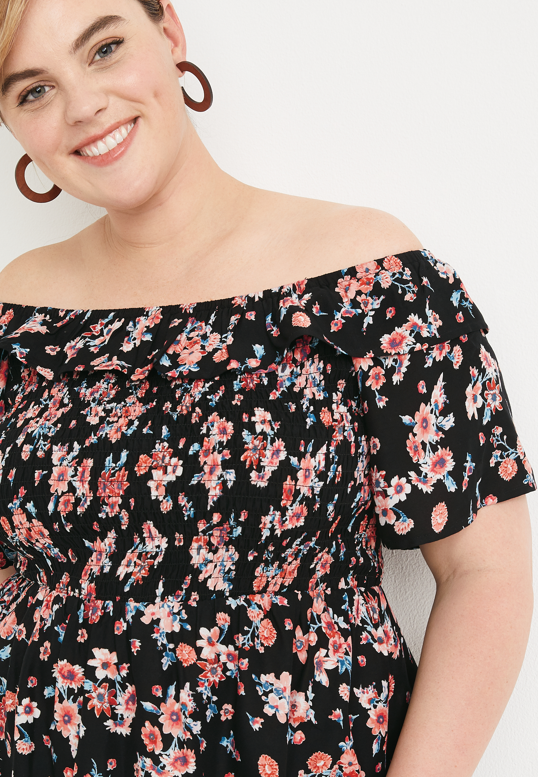 Plus Size Black Floral Smocked Off The Shoulder Top, BLACK COMBO, large