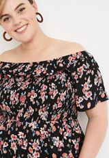 Plus Size Black Floral Smocked Off The Shoulder Top, BLACK COMBO, small