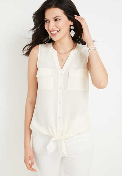 Solid Front Knot Button Down Sleeveless Blouse 