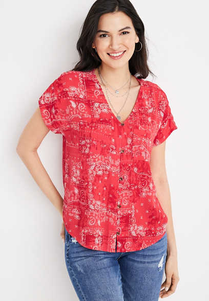 Red Paisley Patchwork Button Down Blouse