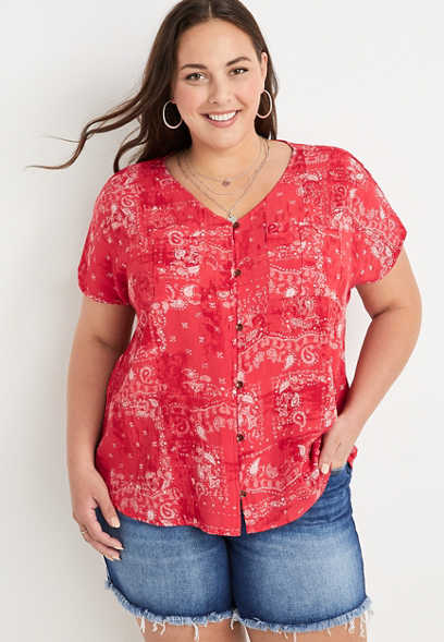 Plus Size Red Paisley Patchwork Button Down Blouse