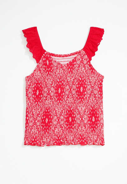 Girls Crochet Trim Smocked Tank Top